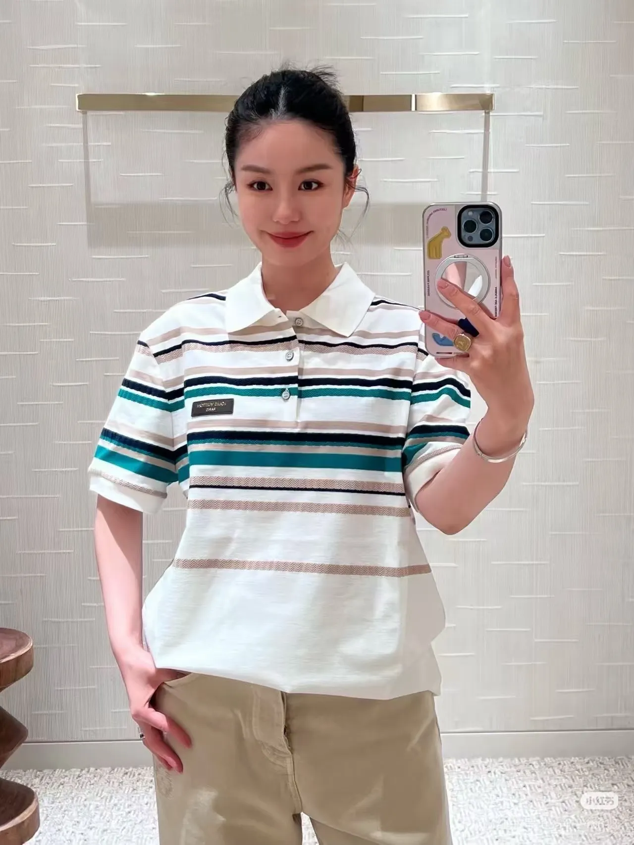 Louis Vuitton/Louis Vuitton leather label striped Polo short sleeves